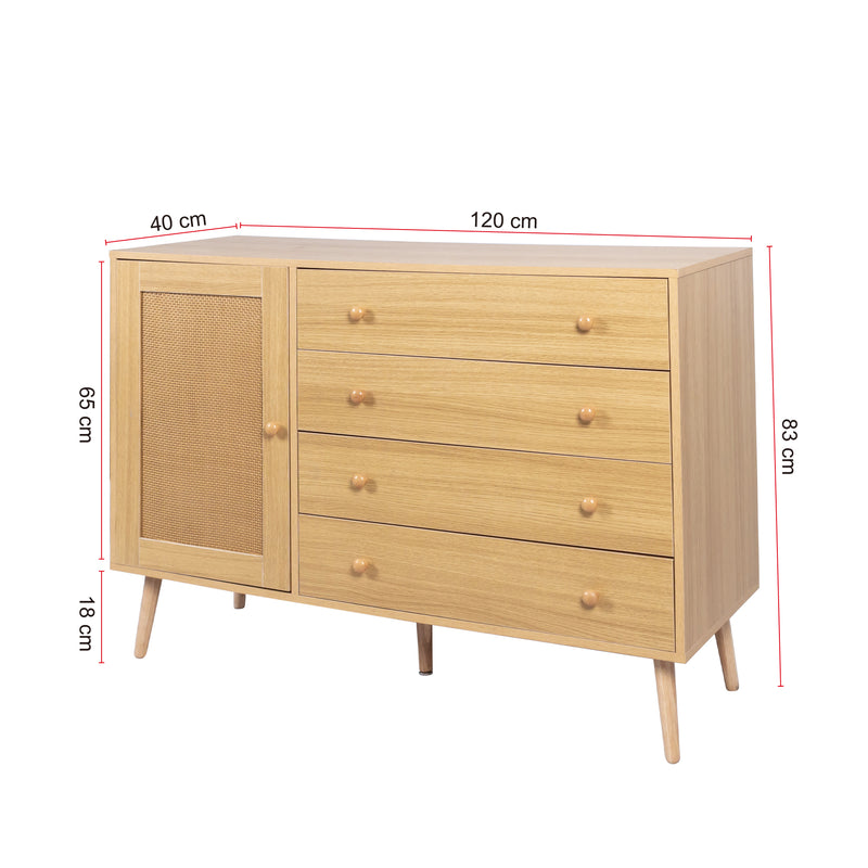 Buffet en Bois Naturel avec 4 Tiroirs et Porte Aspect Rotin - Idéal pour Robot Aspirateur THRACZETS