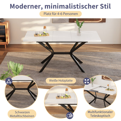 Table de Salle à Manger Extensible Blanche et Métal avec Plateau MDF Durable (120-160cm) THRIVVOILS