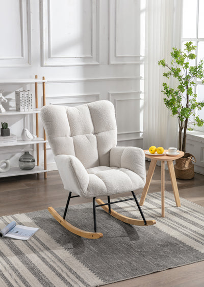 Fauteuil à Bascule Teddy Blanc Moderne et Confortable avec Base en Bois Massif et Cadre Métallique (80x70x95cm) THROKUTS TEDDY WHITE.