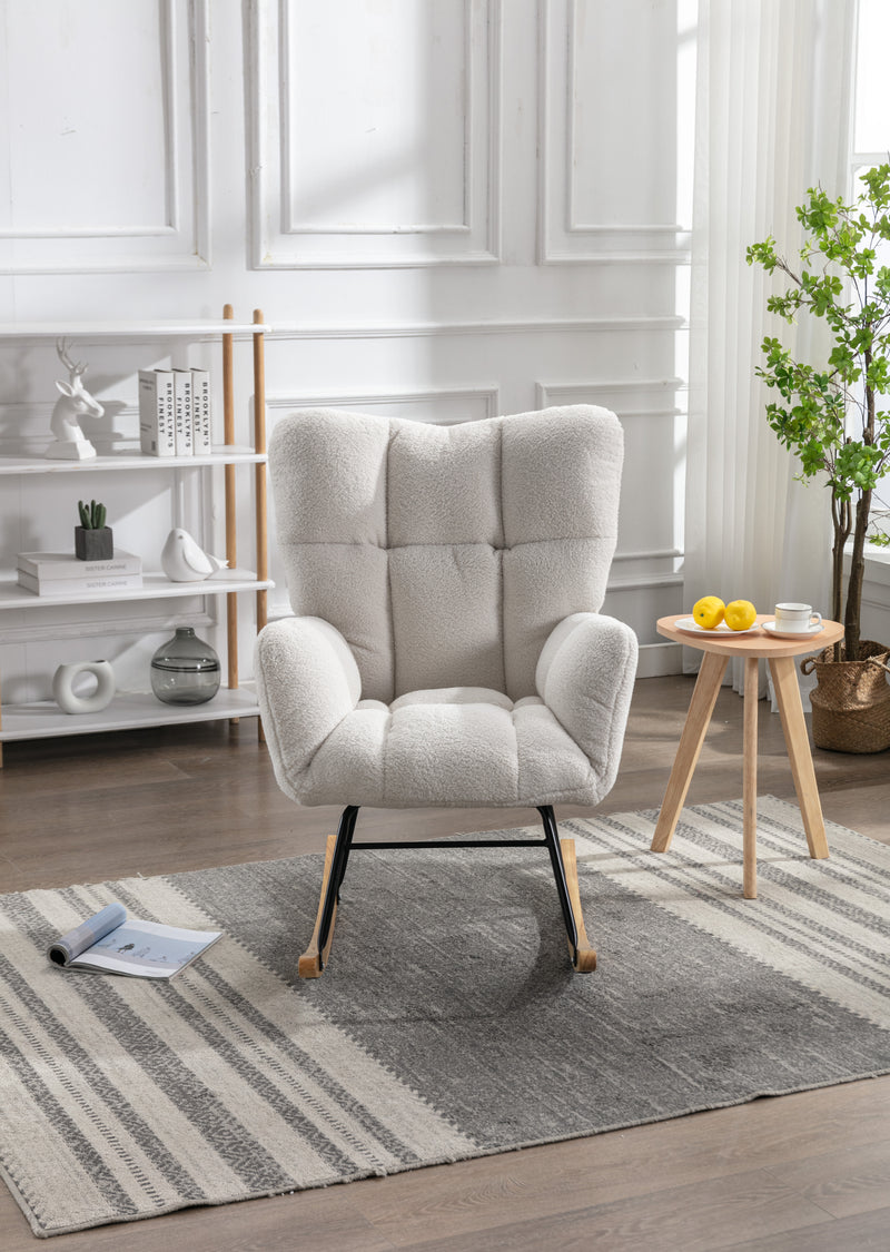 Fauteuil à Bascule Teddy Blanc Moderne et Confortable avec Base en Bois Massif et Cadre Métallique (80x70x95cm) THROKUTS TEDDY WHITE.