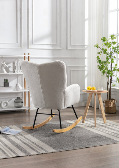 Fauteuil à Bascule Teddy Blanc Moderne et Confortable avec Base en Bois Massif et Cadre Métallique (80x70x95cm) THROKUTS TEDDY WHITE.