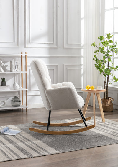 Fauteuil à Bascule Teddy Blanc Moderne et Confortable avec Base en Bois Massif et Cadre Métallique (80x70x95cm) THROKUTS TEDDY WHITE.