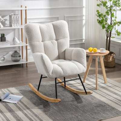 Fauteuil à Bascule Teddy Blanc Moderne et Confortable avec Base en Bois Massif et Cadre Métallique (80x70x95cm) THROKUTS TEDDY WHITE.