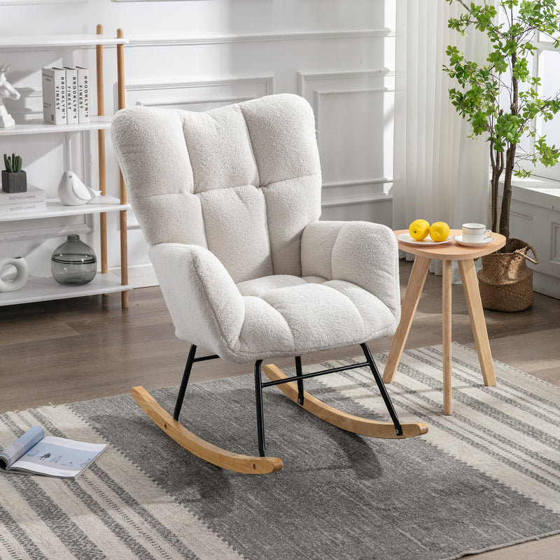 Fauteuil à Bascule Teddy Blanc Moderne et Confortable avec Base en Bois Massif et Cadre Métallique (80x70x95cm) THROKUTS TEDDY WHITE.