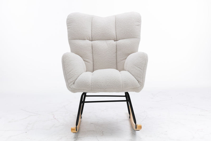 Fauteuil à Bascule Teddy Blanc Moderne et Confortable avec Base en Bois Massif et Cadre Métallique (80x70x95cm) THROKUTS TEDDY WHITE.