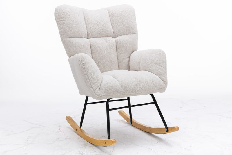 Fauteuil à Bascule Teddy Blanc Moderne et Confortable avec Base en Bois Massif et Cadre Métallique (80x70x95cm) THROKUTS TEDDY WHITE.