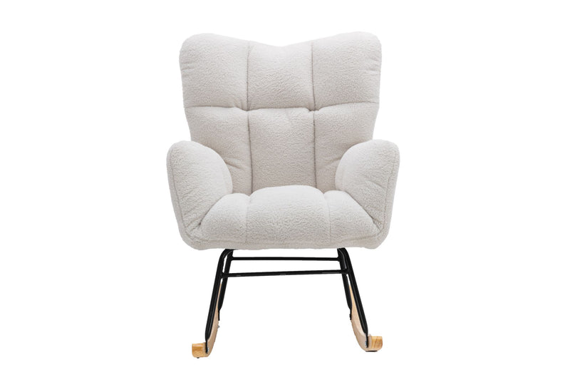 Fauteuil à Bascule Teddy Blanc Moderne et Confortable avec Base en Bois Massif et Cadre Métallique (80x70x95cm) THROKUTS TEDDY WHITE.