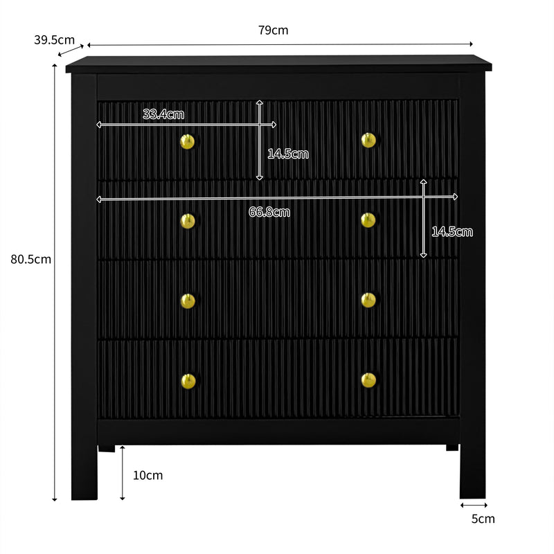 Commode Noire Élégante à 5 Tiroirs avec Surfaces Texturées et Poignées Dorées THRUZETS