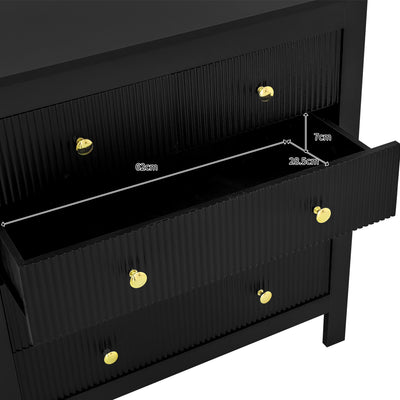 Commode Noire Élégante à 5 Tiroirs avec Surfaces Texturées et Poignées Dorées THRUZETS