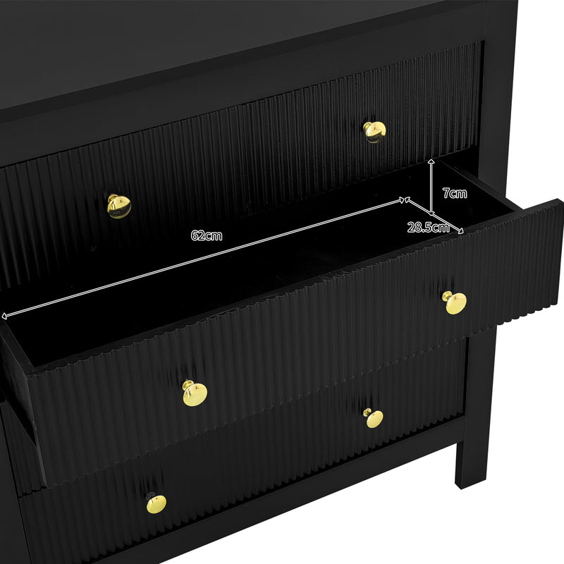 Commode Noire Élégante à 5 Tiroirs avec Surfaces Texturées et Poignées Dorées THRUZETS