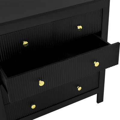 Commode Noire Élégante à 5 Tiroirs avec Surfaces Texturées et Poignées Dorées THRUZETS
