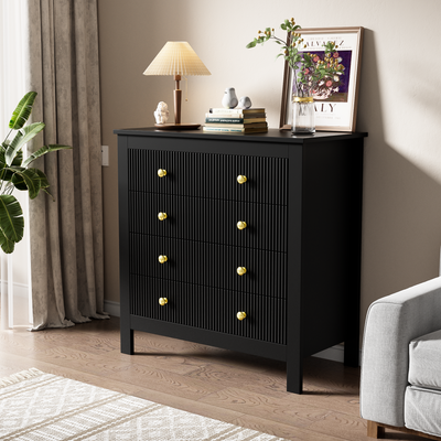 Commode Noire Élégante à 5 Tiroirs avec Surfaces Texturées et Poignées Dorées THRUZETS