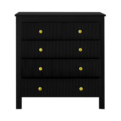 Commode Noire Élégante à 5 Tiroirs avec Surfaces Texturées et Poignées Dorées THRUZETS