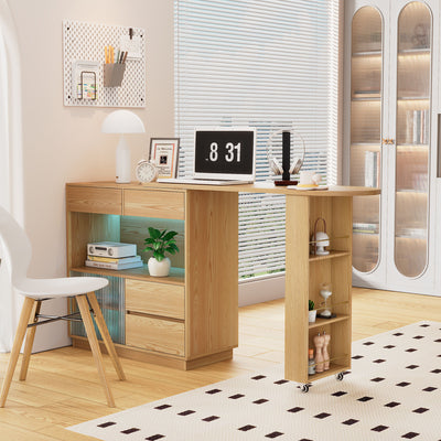 Bureau Modulable 2-en-1 en Bois Naturel avec Table Rotative à 360°, Rangement et Éclairage LED TIN
