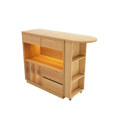 Bureau Modulable 2-en-1 en Bois Naturel avec Table Rotative à 360°, Rangement et Éclairage LED TIN
