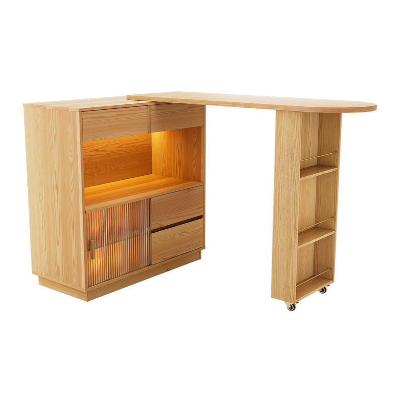 Bureau Modulable 2-en-1 en Bois Naturel avec Table Rotative à 360°, Rangement et Éclairage LED TIN