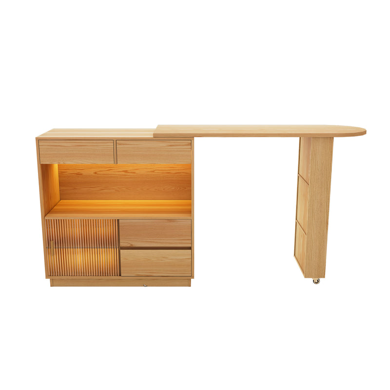 Bureau Modulable 2-en-1 en Bois Naturel avec Table Rotative à 360°, Rangement et Éclairage LED TIN