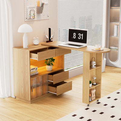 Bureau Modulable 2-en-1 en Bois Naturel avec Table Rotative à 360°, Rangement et Éclairage LED TIN