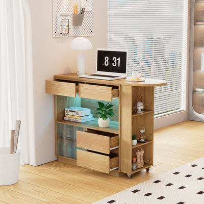 Bureau Modulable 2-en-1 en Bois Naturel avec Table Rotative à 360°, Rangement et Éclairage LED TIN