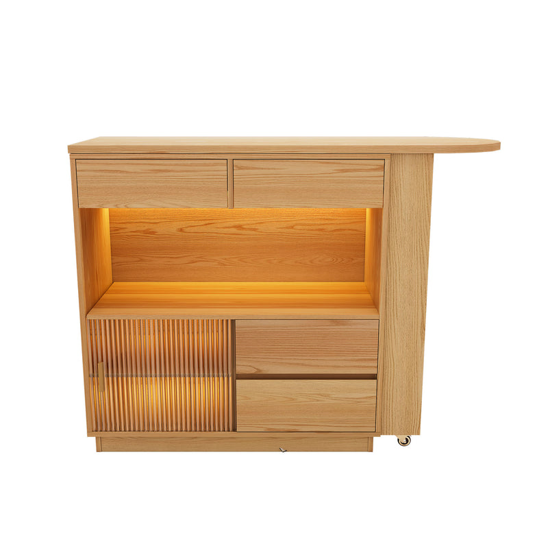 Bureau Modulable 2-en-1 en Bois Naturel avec Table Rotative à 360°, Rangement et Éclairage LED TIN