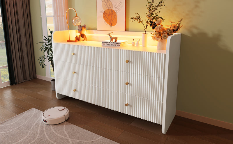 Buffet Blanc Ondulé Moderne avec Éclairage LED Multicolore et 6 Tiroirs Spacieux TRAGVAX