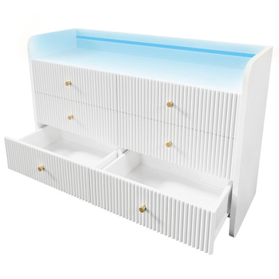 Buffet Blanc Ondulé Moderne avec Éclairage LED Multicolore et 6 Tiroirs Spacieux TRAGVAX