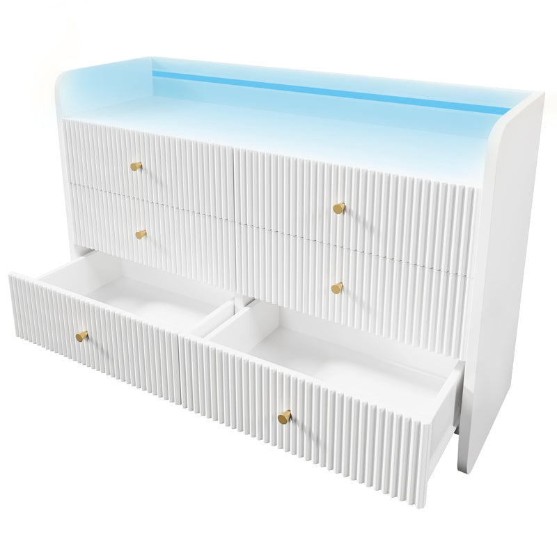 Buffet Blanc Ondulé Moderne avec Éclairage LED Multicolore et 6 Tiroirs Spacieux TRAGVAX