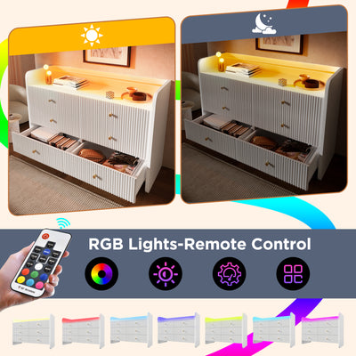 Buffet Blanc Ondulé Moderne avec Éclairage LED Multicolore et 6 Tiroirs Spacieux TRAGVAX