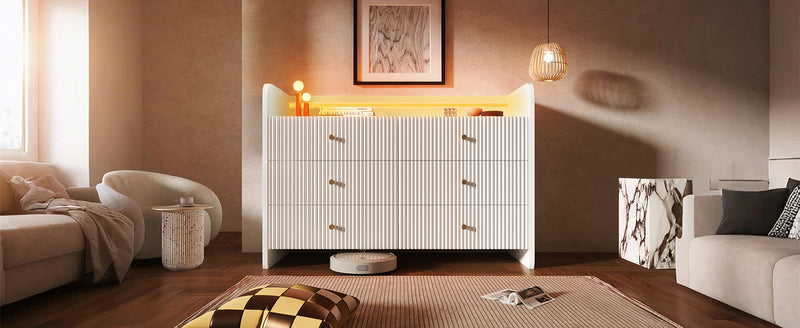 Buffet Blanc Ondulé Moderne avec Éclairage LED Multicolore et 6 Tiroirs Spacieux TRAGVAX