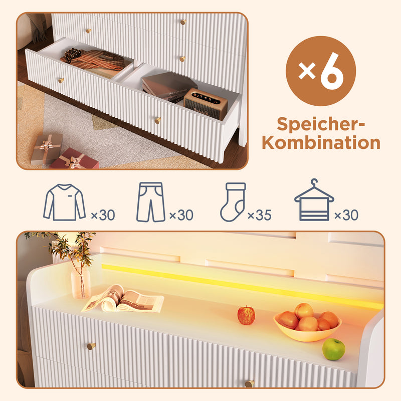 Buffet Blanc Ondulé Moderne avec Éclairage LED Multicolore et 6 Tiroirs Spacieux TRAGVAX