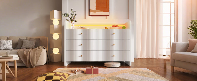 Buffet Blanc Ondulé Moderne avec Éclairage LED Multicolore et 6 Tiroirs Spacieux TRAGVAX