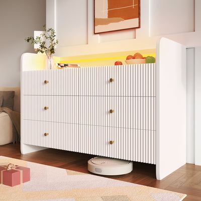 Buffet Blanc Ondulé Moderne avec Éclairage LED Multicolore et 6 Tiroirs Spacieux TRAGVAX