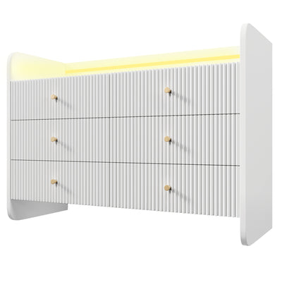Buffet Blanc Ondulé Moderne avec Éclairage LED Multicolore et 6 Tiroirs Spacieux TRAGVAX