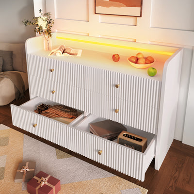 Buffet Blanc Ondulé Moderne avec Éclairage LED Multicolore et 6 Tiroirs Spacieux TRAGVAX