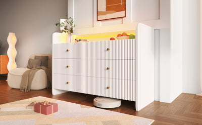Buffet Blanc Ondulé Moderne avec Éclairage LED Multicolore et 6 Tiroirs Spacieux TRAGVAX