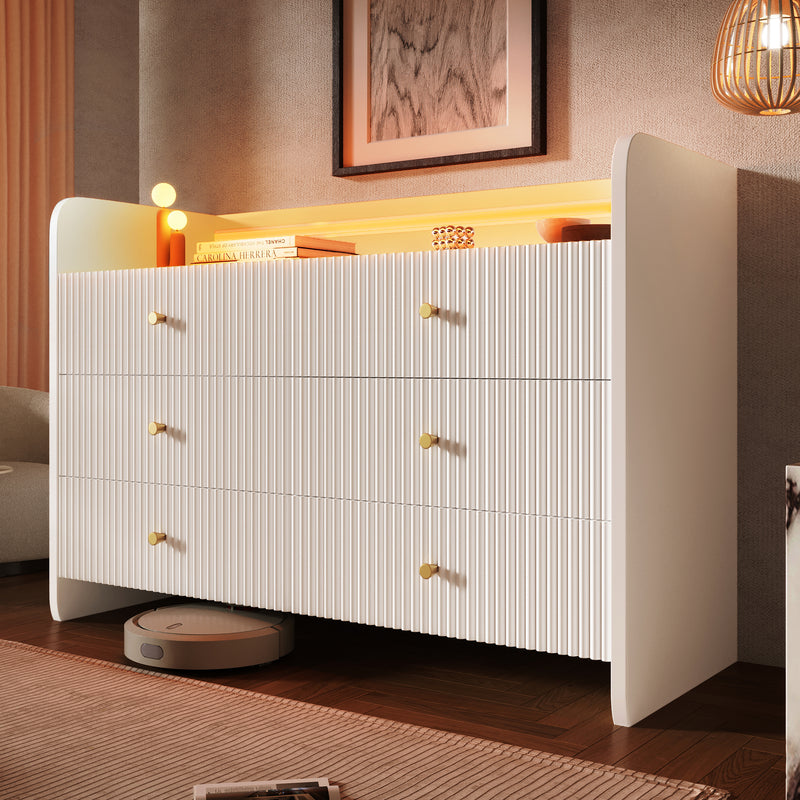 Buffet Blanc Ondulé Moderne avec Éclairage LED Multicolore et 6 Tiroirs Spacieux TRAGVAX
