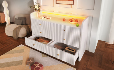 Buffet Blanc Ondulé Moderne avec Éclairage LED Multicolore et 6 Tiroirs Spacieux TRAGVAX