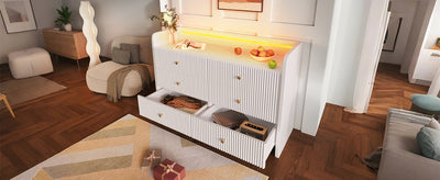 Buffet Blanc Ondulé Moderne avec Éclairage LED Multicolore et 6 Tiroirs Spacieux TRAGVAX