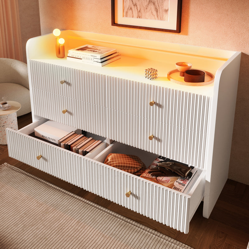 Buffet Blanc Ondulé Moderne avec Éclairage LED Multicolore et 6 Tiroirs Spacieux TRAGVAX