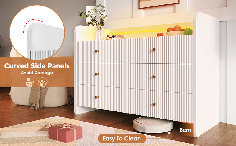 Buffet Blanc Ondulé Moderne avec Éclairage LED Multicolore et 6 Tiroirs Spacieux TRAGVAX