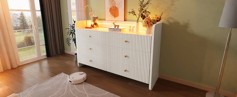 Buffet Blanc Ondulé Moderne avec Éclairage LED Multicolore et 6 Tiroirs Spacieux TRAGVAX