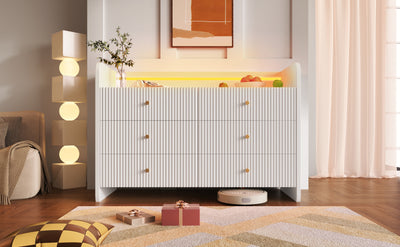 Buffet Blanc Ondulé Moderne avec Éclairage LED Multicolore et 6 Tiroirs Spacieux TRAGVAX