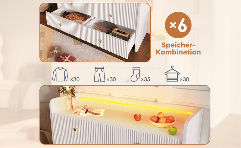 Buffet Blanc Ondulé Moderne avec Éclairage LED Multicolore et 6 Tiroirs Spacieux TRAGVAX