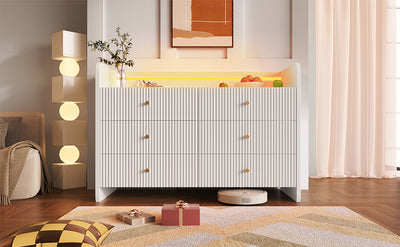 Buffet Blanc Ondulé Moderne avec Éclairage LED Multicolore et 6 Tiroirs Spacieux TRAGVAX