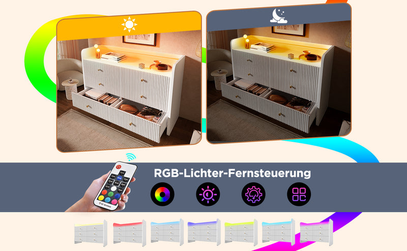 Buffet Blanc Ondulé Moderne avec Éclairage LED Multicolore et 6 Tiroirs Spacieux TRAGVAX