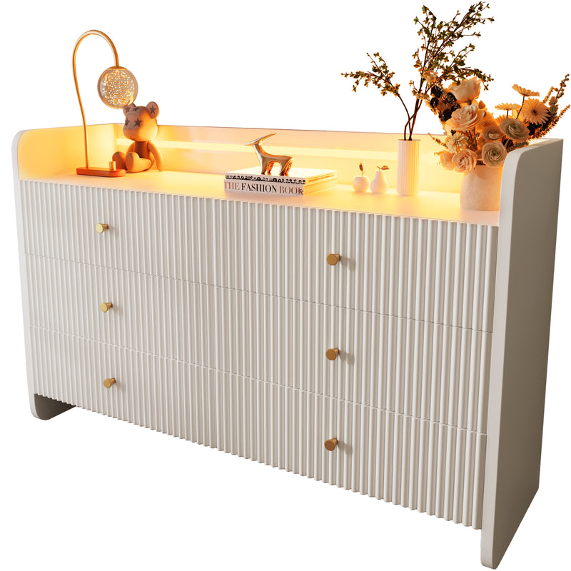 Buffet Blanc Ondulé Moderne avec Éclairage LED Multicolore et 6 Tiroirs Spacieux TRAGVAX