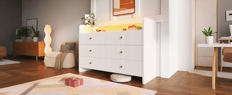 Buffet Blanc Ondulé Moderne avec Éclairage LED Multicolore et 6 Tiroirs Spacieux TRAGVAX