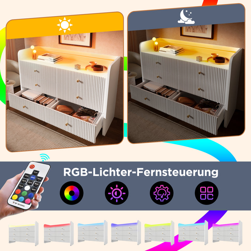 Buffet Blanc Ondulé Moderne avec Éclairage LED Multicolore et 6 Tiroirs Spacieux TRAGVAX