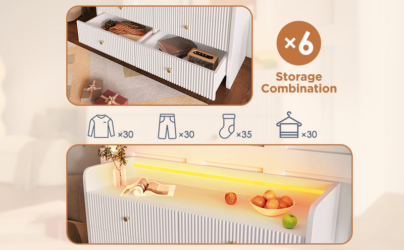 Buffet Blanc Ondulé Moderne avec Éclairage LED Multicolore et 6 Tiroirs Spacieux TRAGVAX