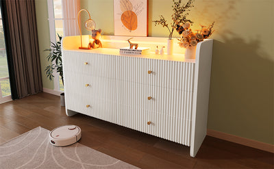 Buffet Blanc Ondulé Moderne avec Éclairage LED Multicolore et 6 Tiroirs Spacieux TRAGVAX